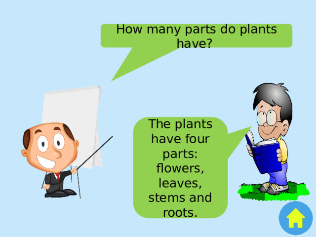 How many parts do plants have? The plants have four parts: flowers, leaves, stems and roots. 
