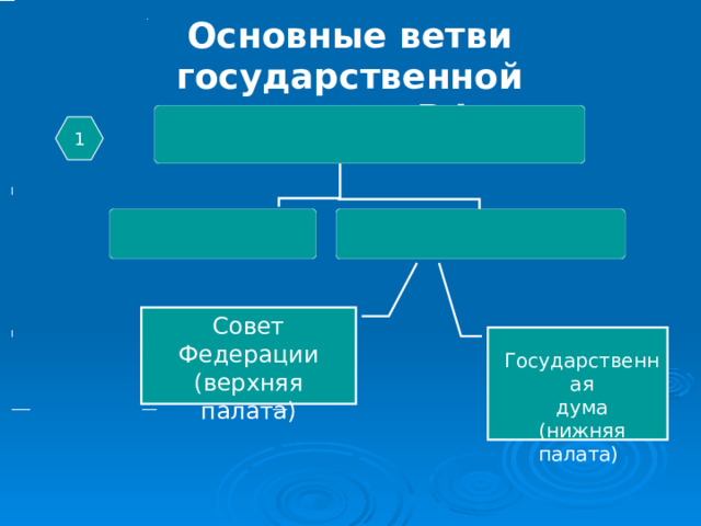 Основные ветви государственной власти в РФ 1 Совет Федерации (верхняя палата) Государственная дума (нижняя палата) 