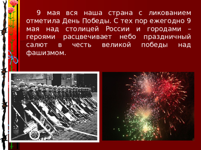  9 мая вся наша страна с ликованием отметила День Победы. С тех пор ежегодно 9 мая над столицей России и городами – героями расцвечивает небо праздничный салют в честь великой победы над фашизмом. 