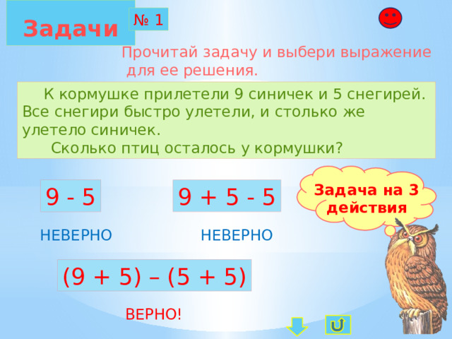  Задачи  № 1 Прочитай задачу и выбери выражение  для ее решения.  К кормушке прилетели 9 синичек и 5 снегирей. Все снегири быстро улетели, и столько же улетело синичек.  Сколько птиц осталось у кормушки? Задача на 3 действия 9 - 5 9 + 5 - 5 НЕВЕРНО НЕВЕРНО (9 + 5) – (5 + 5) ВЕРНО! 