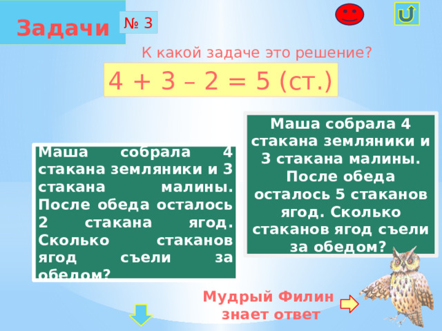  Задачи  № 3 К какой задаче это решение? 4 + 3 – 2 = 5 (ст.) Маша собрала 4 стакана земляники и 3 стакана малины. После обеда осталось 5 стаканов ягод. Сколько стаканов ягод съели за обедом? Маша собрала 4 стакана земляники и 3 стакана малины. После обеда осталось 2 стакана ягод. Сколько стаканов ягод съели за обедом? Мудрый Филин знает ответ 