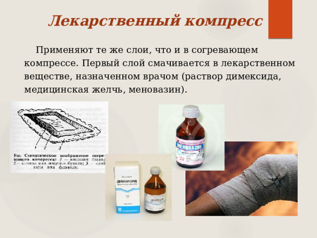 Лекарственный компресс Применяют те же слои, что и в согревающем компрессе. Первый слой смачивается в лекарственном веществе, назначенном врачом (раствор димексида, медицинская желчь, меновазин). 