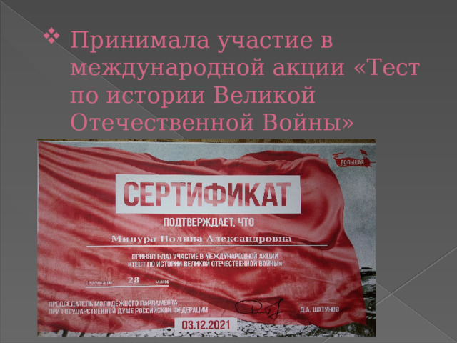 Принимала участие в международной акции «Тест по истории Великой Отечественной Войны» 