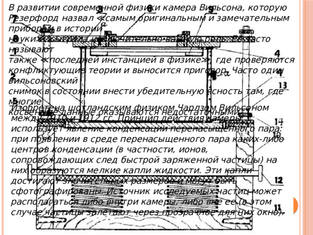 В развитии современной физики камера Вильсона, которую Резерфорд назвал ≪самым оригинальным и замечательным прибором в истории науки≫, сыграла исключительно важную роль. Её часто называют также ≪последней инстанцией в физике≫, где проверяются конфликтующие теории и выносится приговор. Часто один вильсоновский снимок в состоянии внести убедительную ясность там, где многие косвенные данные оказываются недостаточными. Изобретена шотландским физиком Чарлзом Вильсоном между 1910 и 1912 гг. Принцип действия камеры использует явление конденсации перенасыщенного пара: при появлении в среде перенасыщенного пара каких-либо центров конденсации (в частности, ионов, сопровождающих след быстрой заряженной частицы) на них образуются мелкие капли жидкости. Эти капли достигают значительных размеров и могут быть сфотографированы. Источник исследуемых частиц может располагаться либо внутри камеры, либо вне ее (в этом случае частицы залетают через прозрачное для них окно). 