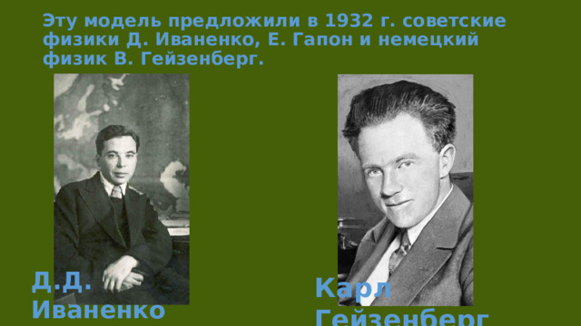 Эту модель предложили в 1932 г. советские физики Д. Иваненко, Е. Гапон и немецкий физик В. Гейзенберг. Д.Д. Иваненко Карл Гейзенберг 