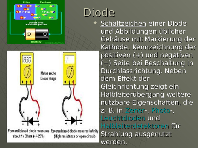 Diode   Schaltzeichen  einer Diode und Abbildungen üblicher Gehäuse mit Markierung der Kathode. Kennzeichnung der positiven (+) und negativen (−) Seite bei Beschaltung in Durchlassrichtung. Neben dem Effekt der Gleichrichtung zeigt ein Halbleiterübergang weitere nutzbare Eigenschaften, die z. B. in  Zener - ,  Photo - ,  Leuchtdioden  und Halbleiterdetektoren  für Strahlung ausgenutzt werden. 