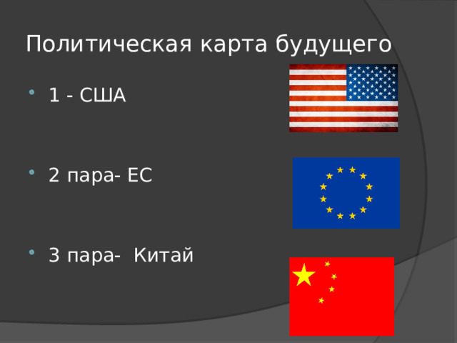 Политическая карта будущего 1 - США 2 пара- ЕС 3 пара- Китай 