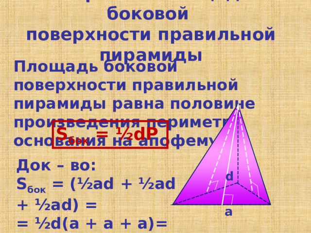 Теорема о площади боковой  поверхности правильной пирамиды Площадь боковой поверхности правильной пирамиды равна половине произведения периметра основания на апофему S бок = ½dP Док – во: S бок = (½ad  +  ½ad  +  ½ad) = = ½d(a  +  a  +  a)= ½dP  d a 