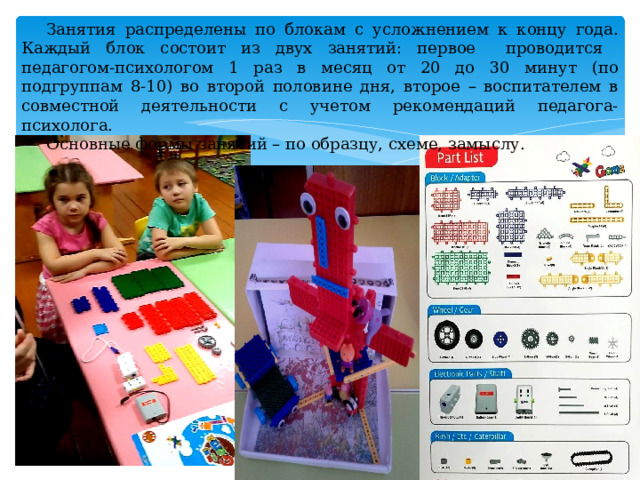 Занятия распределены по блокам с усложнением к концу года. Каждый блок состоит из двух занятий: первое проводится педагогом-психологом 1 раз в месяц от 20 до 30 минут (по подгруппам 8-10) во второй половине дня, второе – воспитателем в совместной деятельности с учетом рекомендаций педагога-психолога. Основные формы занятий – по образцу, схеме, замыслу. 