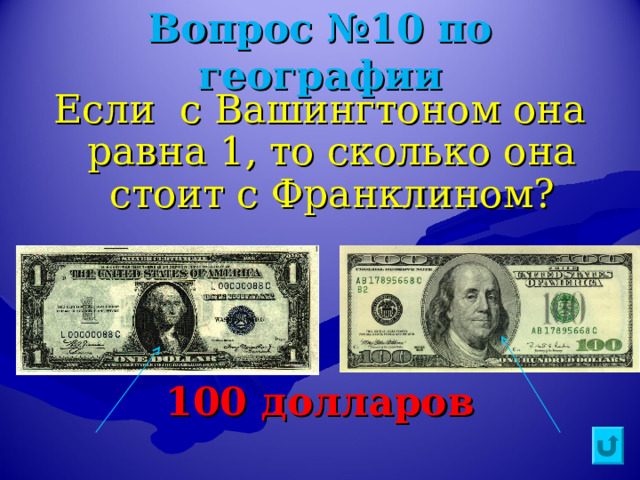 Вопрос №10 по географии Если с Вашингтоном она равна 1, то сколько она стоит с Франклином?    100 долларов   