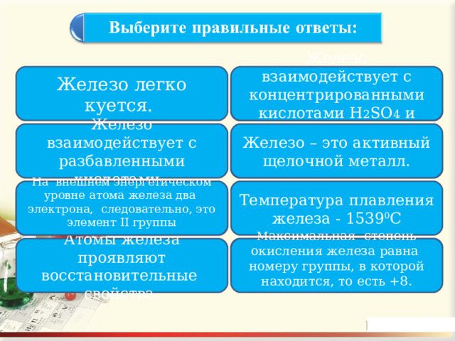 Железо взаимодействует с концентрированными кислотами H 2 SO 4 и HNO 3 . Железо легко куется. Ошибка Железо взаимодействует с разбавленными кислотами. Железо – это активный щелочной металл. Ошибка Температура плавления железа - 1539 0 С На внешнем энергетическом уровне атома железа два электрона, следовательно, это элемент II группы Ошибка Ошибка Атомы железа проявляют восстановительные свойства. М аксимальная степень окисления железа равна номеру группы, в которой находится, то есть +8. 