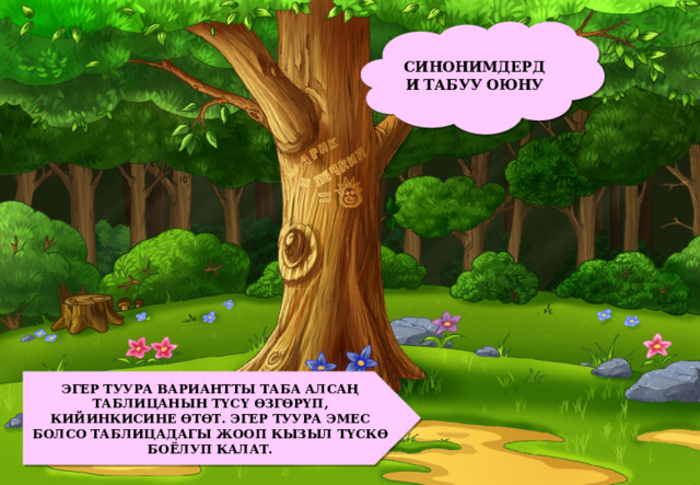 СИНОНИМДЕРДИ ТАБУУ ОЮНУ ЭГЕР ТУУРА ВАРИАНТТЫ ТАБА АЛСАҢ ТАБЛИЦАНЫН ТҮСҮ ӨЗГӨРҮП, КИЙИНКИСИНЕ ӨТӨТ. ЭГЕР ТУУРА ЭМЕС БОЛСО ТАБЛИЦАДАГЫ ЖООП КЫЗЫЛ ТҮСКӨ БОЁЛУП КАЛАТ. 