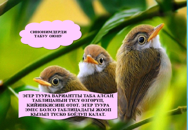 СИНОНИМДЕРДИ ТАБУУ ОЮНУ ЭГЕР ТУУРА ВАРИАНТТЫ ТАБА АЛСАҢ ТАБЛИЦАНЫН ТҮСҮ ӨЗГӨРҮП, КИЙИНКИСИНЕ ӨТӨТ. ЭГЕР ТУУРА ЭМЕС БОЛСО ТАБЛИЦАДАГЫ ЖООП КЫЗЫЛ ТҮСКӨ БОЁЛУП КАЛАТ. 