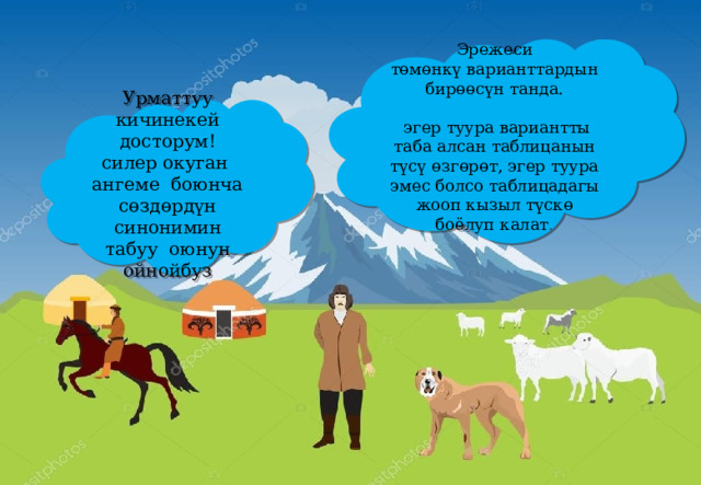 Эрежеси төмөнкү варианттардын бирөөсүн танда.  эгер туура вариантты таба алсан таблицанын түсү өзгөрөт, эгер туура эмес болсо таблицадагы жооп кызыл түскө боёлуп калат . Урматтуу кичинекей досторум! силер окуган ангеме боюнча сөздөрдүн синонимин табуу оюнун ойнойбуз 
