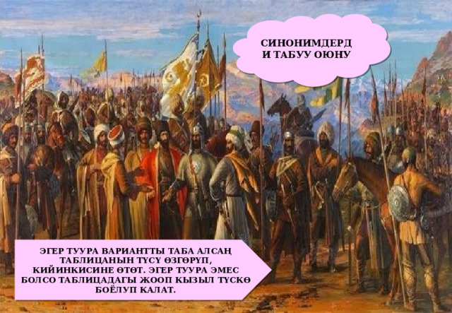 СИНОНИМДЕРДИ ТАБУУ ОЮНУ ЭГЕР ТУУРА ВАРИАНТТЫ ТАБА АЛСАҢ ТАБЛИЦАНЫН ТҮСҮ ӨЗГӨРҮП, КИЙИНКИСИНЕ ӨТӨТ. ЭГЕР ТУУРА ЭМЕС БОЛСО ТАБЛИЦАДАГЫ ЖООП КЫЗЫЛ ТҮСКӨ БОЁЛУП КАЛАТ. 
