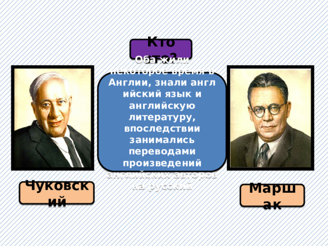 Кто это? Оба жили некоторое время в Англии, знали английский язык и английскую литературу, впоследствии занимались переводами произведений английских авторов на русский Чуковский Маршак 