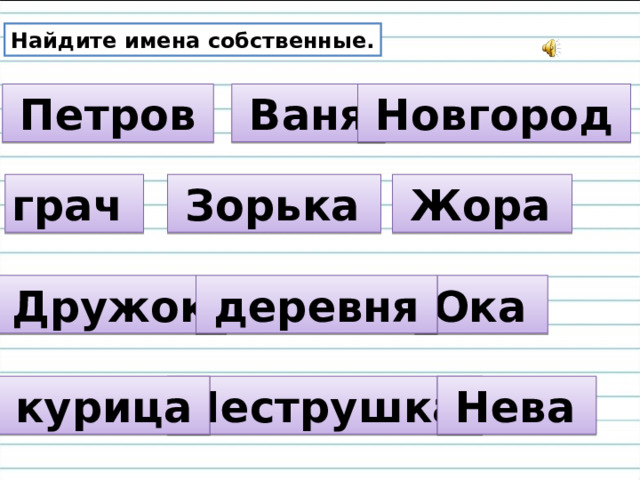 Найдите имена собственные.  Петров   Ваня   Новгород  грач  Зорька  Жора  Дружок   Ока  деревня   Пеструшка  Нева  курица  