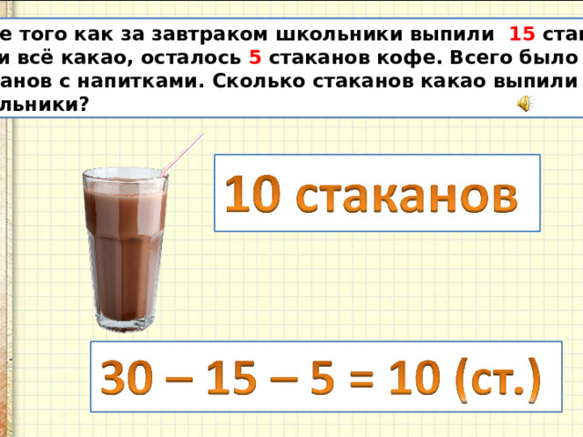 После того как за завтраком школьники выпили 15 стаканов  чая и всё какао, осталось 5 стаканов кофе. Всего было 30  стаканов с напитками. Сколько стаканов какао выпили  школьники? 