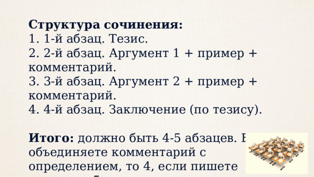 Структура сочинения:  1-й абзац. Тезис.  2-й абзац. Аргумент 1 + пример + комментарий.  3-й абзац. Аргумент 2 + пример + комментарий.  4-й абзац. Заключение (по тезису). Итого:  должно быть 4-5 абзацев. Если объединяете комментарий с определением, то 4, если пишете отдельно -5. 