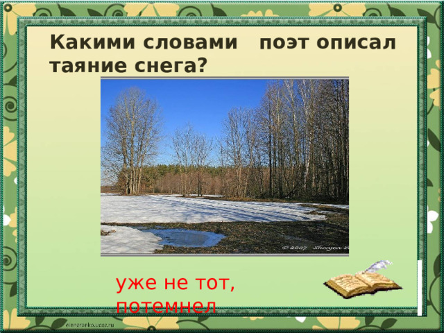 Какими словами поэт описал таяние снега? уже не тот, потемнел 