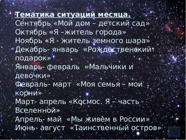 15 февраля- 15 марта « Моя семья – мои корни » 15 марта- 15 апреля « Космос. Я – часть Вселенной » 15 апреля- 15 мая « Мы живем в России » 15 мая- 15 июня « Таинственный остров » Тематика ситуаций месяца. Сентябрь «Мой дом – детский сад» Октябрь «Я –житель города» Ноябрь «Я - житель земного шара» Декабрь- январь «Рождественский подарок» Январь- февраль «Мальчики и девочки» Февраль- март «Моя семья – мои корни» Март- апрель «Космос. Я – часть Вселенной» Апрель- май «Мы живем в России» Июнь- август «Таинственный остров» 