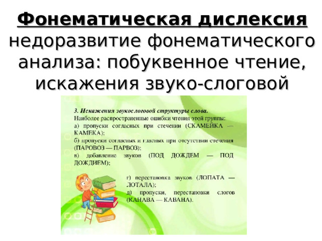 Фонематическая дислексия недоразвитие фонематического анализа : побуквенное чтение, искажения звуко-слоговой структуры 