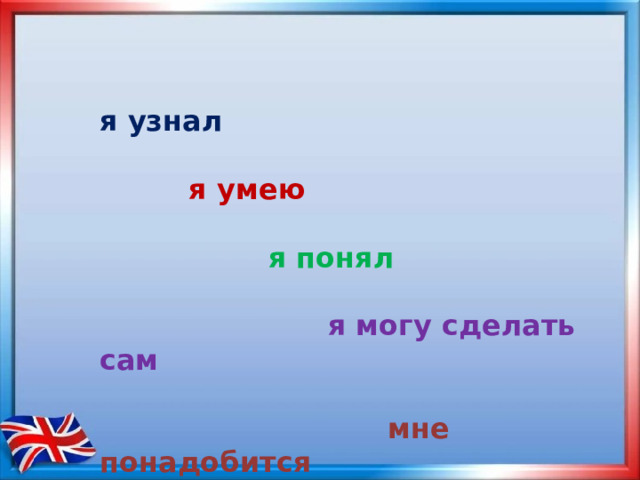 я узнал   я умею   я понял   я могу сделать сам   мне понадобится 