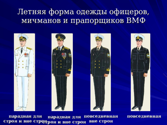 Летняя форма одежды офицеров, мичманов и прапорщиков ВМФ парадная для строя и вне строя повседневная вне строя повседневная парадная для строя и вне строя 