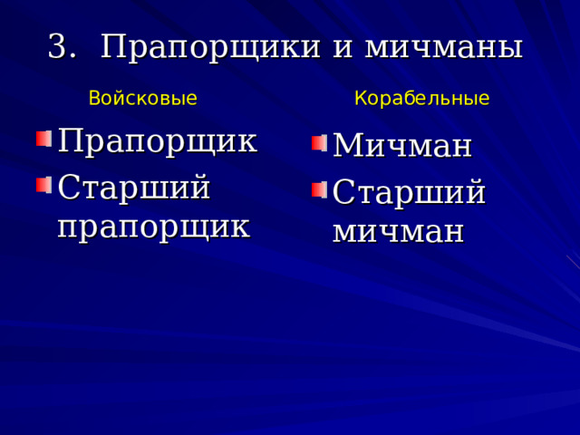 Прапорщики и мичманы Войсковые Корабельные Прапорщик Старший прапорщик  Мичман Старший мичман 