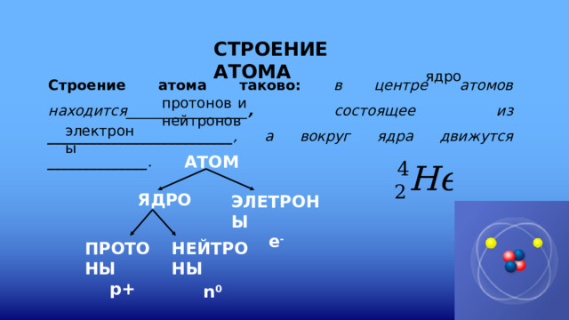 СТРОЕНИЕ АТОМА Строение атома таково: в центре атомов находится_________________ , состоящее из __________________________ , а вокруг ядра движутся ______________ . ядро протонов  и  нейтронов электроны АТОМ ЯДРО ЭЛЕТРОНЫ e - ПРОТОНЫ НЕЙТРОНЫ p+ n 0 