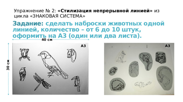 Упражнение № 2: «Стилизация непрерывной линией» из цикла «ЗНАКОВАЯ СИСТЕМА» Задание: сделать наброски животных одной линией, количество – от 6 до 10 штук, оформить на А3 (один или два листа). 40 см А3 А3 30 см 
