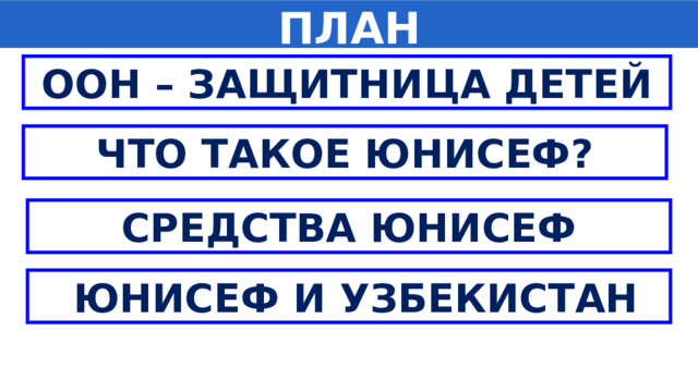 ПЛАН ООН – ЗАЩИТНИЦА ДЕТЕЙ ЧТО ТАКОЕ ЮНИСЕФ? СРЕДСТВА ЮНИСЕФ  ЮНИСЕФ И УЗБЕКИСТАН 