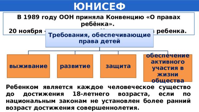 ЮНИСЕФ В 1989 году ООН приняла Конвенцию «О правах ребёнка». 20 ноября - день принятия Конвенции прав ребенка. Требования, обеспечивающие права детей выживание развитие защита обеспечение активного участия в жизни общества Ребенком является каждое человеческое существо до достижения 18-летнего возраста, если по национальным законам не установлен более ранний возраст достижения совершеннолетия. 