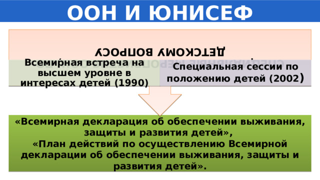 СПЕЦИАЛЬНЫЕ МЕРОПРИЯТИЯ ООН, ПО ДЕТСКОМУ ВОПРОСУ ООН И ЮНИСЕФ Всемирная встреча на высшем уровне в интересах детей (1990) Специальная сессии по положению детей (2002 ) «Всемирная декларация об обеспечении выживания, защиты и развития детей», «План действий по осуществлению Всемирной декларации об обеспечении выживания, защиты и развития детей». 