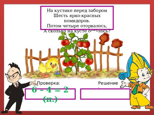 На кустике перед забором Шесть ярко-красных помидоров. Потом четыре оторвалось, А сколько на кусте осталось? Решение: Проверка: 6 – 4 = 2 (п.) 