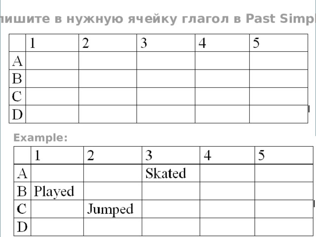 example Впишите в нужную ячейку глагол в Past Simple Example: 