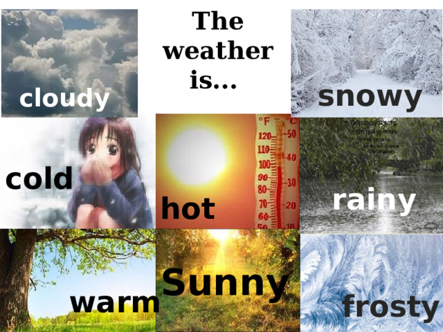 The weather is... snowy cloudy   hot cold rainy  Sunny  warm frosty 