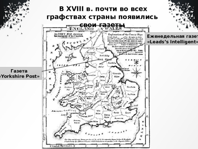  В XVIII в. почти во всех графствах страны появились свои газеты Еженедельная газета «Leads’s Intelligent» Газета «Yorkshire Post» 