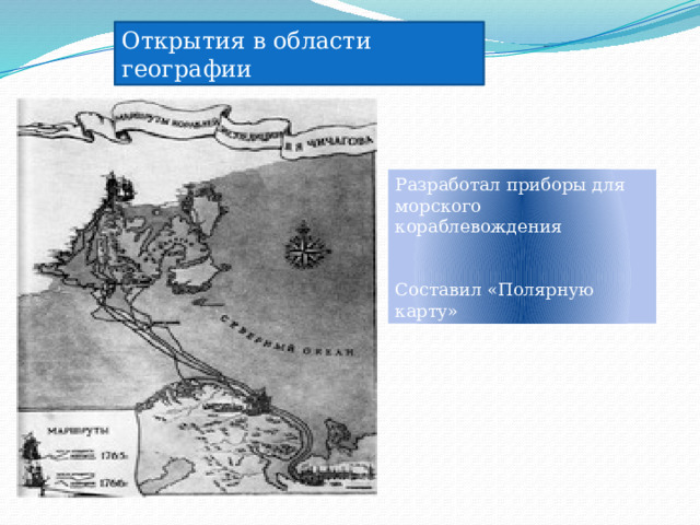 Открытия в области географии Разработал приборы для морского кораблевождения Составил «Полярную карту» 