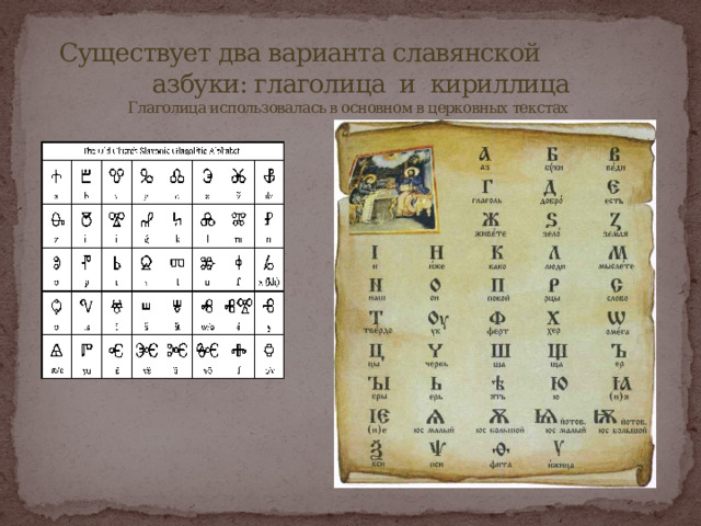 Существует два варианта славянской  азбуки: глаголица и кириллица  Глаголица использовалась в основном в церковных текстах 