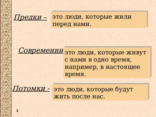  Предки – это люди, которые жили перед нами.  Современники- это люди, которые живут с нами в одно время, например, в настоящее время.  Потомки - это люди, которые будут жить после нас. 4 