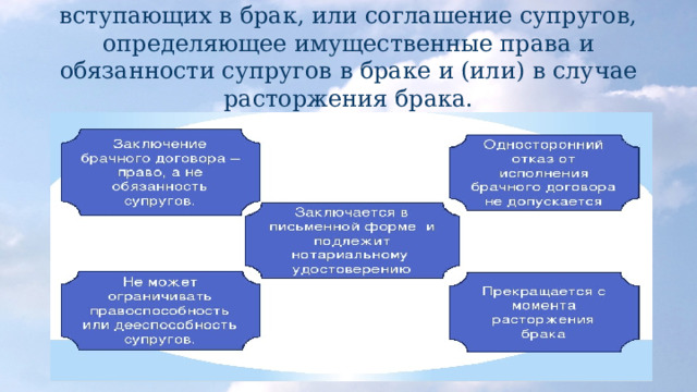 Брачный договор - это соглашение лиц, вступающих в брак, или соглашение супругов, определяющее имущественные права и обязанности супругов в браке и (или) в случае расторжения брака. 