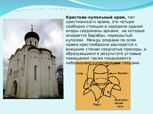 Крестово-купольный храм, тип христианского храма, это четыре свободно стоящие в середине здания опоры соединены арками, на которые опирается барабан, перекрытый куполом. Между опорами по осям храма крестообразно расходятся к внешним стенам сводчатые проходы, а образующиеся в результате угловые помещения также покрываются небольшими куполами или сводами. 