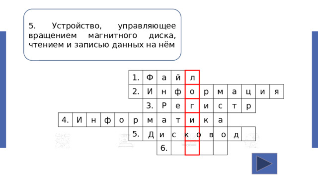 5. Устройство, управляющее вращением магнитного диска, чтением и записью данных на нём 4. И 1. н ф 2. Ф а И о р н й 3. м 5. Р ф л а о е т г р и м и 6. к а с а ц т р и я Д и с к о в о д 