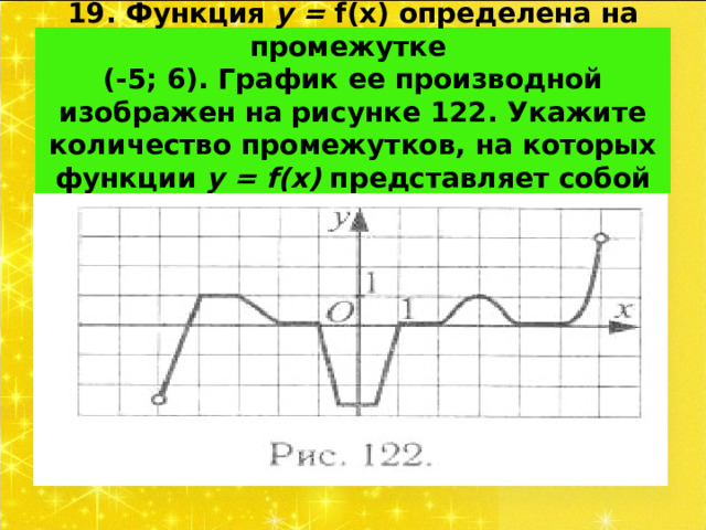 19. Функция у = f ( x ) определена на промежутке  (-5; 6). График  ее производной изображен на рисунке 122. Укажите количество промежутков, на которых функции у = f ( x ) представляет собой квадратичную функцию. 
