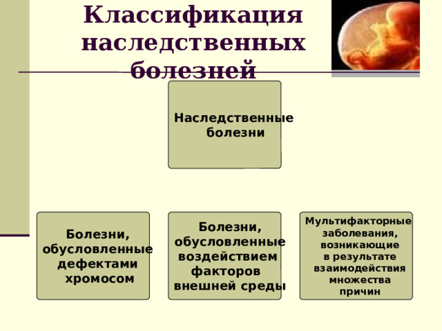 Классификация наследственных болезней Наследственные болезни Мультифакторные Болезни, Болезни, обусловленные обусловленные заболевания, дефектами воздействием возникающие хромосом факторов в результате внешней среды взаимодействия множества причин 