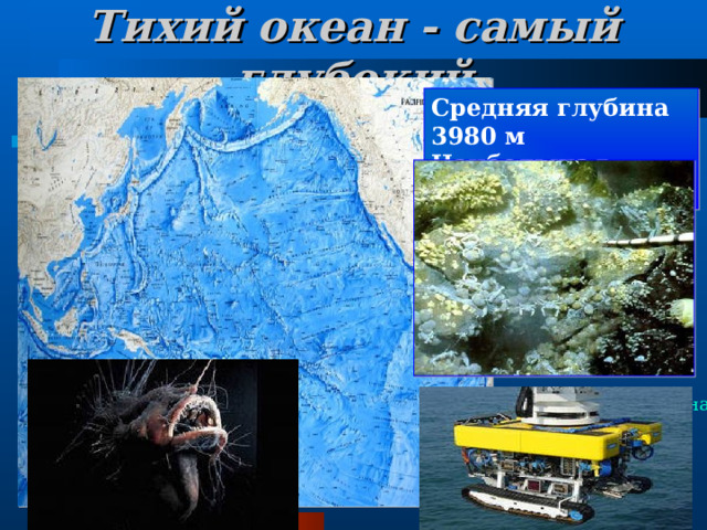 Тихий океан - самый глубокий Средняя глубина 3980 м Наибольшая – 11022 м Марианская впадина  