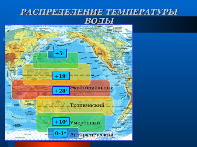 РАСПРЕДЕЛЕНИЕ ТЕМПЕРАТУРЫ ВОДЫ +5 о +19 о Экваториальный Тропический Умеренный Антарктический +28 о +10 о 0-1 о  