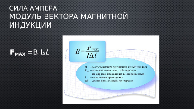 Сила Ампера  Модуль вектора магнитной индукции F max =B I ∆ l 