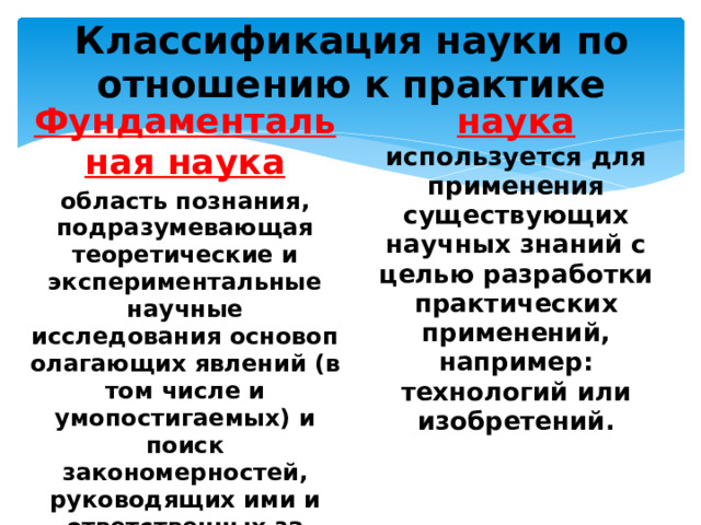 Классификация науки по отношению к практике Фундаментальная наука область познания, подразумевающая теоретические и экспериментальные научные исследования основополагающих явлений (в том числе и умопостигаемых) и поиск закономерностей, руководящих ими и ответственных за форму, строение, состав… наука Прикладная используется для применения существующих научных знаний с целью разработки практических применений, например: технологий или изобретений.  